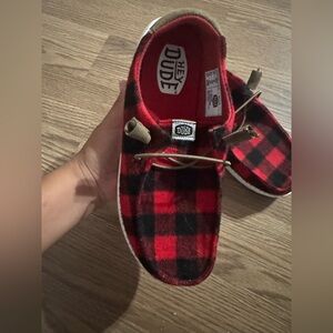 Hey Dude Red and Black Plaid Shoes